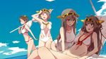  :d adapted_costume ahoge beach beach_chair bikini blue_eyes blush breasts brown_eyes brown_hair cleavage day glasses hairband haruna_(kantai_collection) hiei_(kantai_collection) highres kantai_collection kirishima_(kantai_collection) kongou_(kantai_collection) large_breasts long_hair maze_(gochama_ze_gohan) multiple_girls navel one-piece_swimsuit opaque_glasses open_mouth ribbon-trimmed_swimsuit ribbon_trim short_hair smile swimsuit white_bikini white_swimsuit 