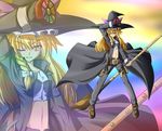  alternate_weapon belt blonde_hair bow braid broom coat cosplay guilty_gear hagami495 hair_bow hat highres johnny_sfondi johnny_sfondi_(cosplay) kirisame_marisa long_hair mini-hakkero navel one_eye_closed open_clothes open_coat smile solo touhou weapon witch_hat yellow_eyes 