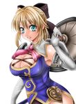  1041_(toshikazu) 1girl blonde_hair blue_eyes bow breasts cassandra_alexandra cleavage elbow_gloves gloves grin hair_bow looking_at_viewer smile solo soul_calibur soulcalibur_iv 