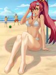  1girl 2boys beach bikini blindfold blue_hair food fruit kamina long_hair multiple_boys ocean ponytail red_hair shirtless short_hair simon sunglasses swimsuit tengen_toppa_gurren_lagann water watermelon yellow_eyes yoko_littner 