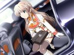  1girl aqua_eyes brown_hair car game_cg kashiwara_sarina katakura_shinji kira_kira motor_vehicle school_uniform vehicle 