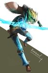  aiming_at_viewer belt blonde_hair blue_legwear cape character_name ezreal gloves goggles highres la_ciero_(pixiv) league_of_legends magic_circle male_focus simple_background solo 