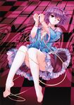  bare_legs barefoot bdsm bondage bound breasts checkered checkered_floor entangled feet frills hairband heart highres komeiji_satori legs looking_at_viewer lying on_back pico_(picollector79) purple_hair red_eyes scan scanlines skirt small_breasts thighs touhou 