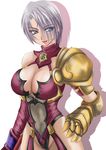  1041_(toshikazu) 1girl blue_eyes breasts cleavage hand_on_hip isabella_valentine purple_hair smile solo soul_calibur soulcalibur_ii very_short_hair 