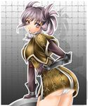  1041_(toshikazu) 1girl alternate_costume ass looking_at_viewer mole panties purple_eyes purple_hair solo soul_calibur soulcalibur_iii standing tira tira_(soulcalibur) underwear white_panties 