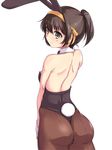  animal_ears ass back-seamed_legwear bow bowtie brown_eyes brown_hair bunny_ears bunny_tail bunnysuit detached_collar from_behind haruhisky highres leotard one-piece_thong pantyhose ponytail seamed_legwear short_hair solo suzumiya_haruhi suzumiya_haruhi_no_yuuutsu tail thong_leotard wrist_cuffs 