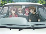  1boy 3girls brown_eyes brown_hair car car_interior eyes_closed game_cg green_eyes hair_ornament isurugi_chie kashiwara_sarina katakura_shinji kira_kira maejima_shikanosuke motor_vehicle multiple_girls pink_hair purple_hair shiino_kirari short_hair vehicle 