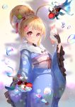  1girl ahoge animal asanogawa_(tutufcc) azur_lane blonde_hair blue_kimono blurry blurry_background blush bow brown_blouse bubble closed_mouth commentary depth_of_field eldridge_(azur_lane) facial_mark fan fish fish_request floral_print folding_fan fur_collar hair_bow hair_bun hand_up heart heart-shaped_pupils highres holding holding_fan japanese_clothes kimono long_sleeves looking_at_viewer obi print_kimono red_eyes sash sleeves_past_fingers sleeves_past_wrists smile solo symbol-shaped_pupils white_bow wide_sleeves 