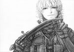  absurdres braid dagger fingerless_gloves gloves greyscale highres imizu_(nitro_unknown) izayoi_sakuya knife light_smile looking_down military_operator monochrome scan short_hair snap-fit_buckle solo touhou twin_braids upper_body weapon 