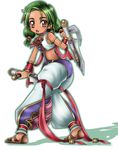  1041_(toshikazu) 1girl brown_eyes dual_wielding green_hair looking_at_viewer open_mouth solo soul_calibur soulcalibur_iii standing talim tonfa weapon 