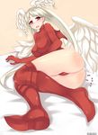  1girl angel_wings artist_request ass blush boots final_fantasy final_fantasy_tactics leotard long_hair looking_at_viewer lying red_eyes tears thigh_boots thighhighs ultima_(fft) white_hair wings 