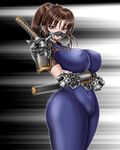  1041_(toshikazu) 1girl armor bodysuit breasts brown_eyes brown_hair large_breasts long_hair looking_at_viewer mask navel ninja ponytail skin_tight skintight solo soul_calibur soulcalibur_iii standing taki taki_(soulcalibur) 