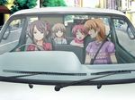  1boy 3girls brown_eyes brown_hair car crossdressing eyes_closed game_cg green_eyes hair_ornament isurugi_chie kashiwara_sarina katakura_shinji kira_kira maejima_shikako maejima_shikanosuke motor_vehicle multiple_girls pink_hair purple_hair shiino_kirari short_hair trap vehicle 