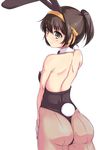  animal_ears ass back back-seamed_legwear bow bowtie brown_eyes brown_hair bunny_ears bunny_tail bunnysuit detached_collar fishnet_pantyhose fishnets from_behind haruhisky highres leotard one-piece_thong pantyhose ponytail seamed_legwear short_hair solo suzumiya_haruhi suzumiya_haruhi_no_yuuutsu tail thong_leotard wrist_cuffs 
