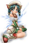  1041_(toshikazu) 1girl alternate_costume braid green_eyes green_hair hat looking_at_viewer sitting solo soul_calibur soulcalibur_iii talim twin_braids twintails wariza 