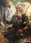  beard braid copyright_name facial_hair flower force_of_will forest fuji_q hair_ornament jewelry long_hair male_focus nature necklace old pointy_ears ring sitting solo staff sunlight white_hair 
