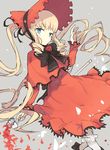  blonde_hair blue_eyes bonnet bow cup dress drill_hair gyaku_tsubasa lolita_fashion long_hair rozen_maiden shinku solo teacup twin_drills twintails very_long_hair 