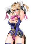  1041_(toshikazu) 1girl armpits arms_up blonde_hair blue_eyes bow breasts cassandra_alexandra cleavage elbow_gloves gloves hair_bow panties purple_panties solo soul_calibur soulcalibur_iv standing underwear 