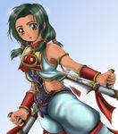  1041_(toshikazu) 1girl armlet dual_wielding green_eyes jewelry looking_at_viewer solo soul_calibur soulcalibur_iii talim tan tonfa weapon 