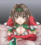 1041_(toshikazu) 1girl alternate_costume breasts brown_eyes brown_hair chai_xianghua cleavage hairband looking_at_viewer lowres lying on_stomach smile solo soul_calibur soulcalibur_ii 