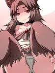  anal_hair animal_ears barefoot blush breasts brooch brown_hair claws cleavage clitoris_slip collarbone fur grey_panties hakika imaizumi_kagerou inverted_nipples jewelry long_sleeves looking_at_viewer medium_breasts nail_polish nipples off_shoulder panties pubic_hair puffy_nipples pussy_peek red_eyes red_nails shaded_face sharp_toenails shirt shirt_pull sitting skirt skirt_lift solo sweat tail tears toenails touhou underwear upskirt wavy_mouth wide_sleeves wolf_ears 