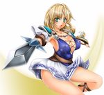  1girl blonde_hair breasts cleavage gladiator_sandals green_eyes long_hair looking_at_viewer open_mouth sandals skirt solo sophitia_alexandra soul_calibur soulcalibur_ii sword weapon 