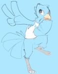  2019 anthro avian beak bird blue_feathers bottomless claws clothed clothing feather_hands feathers female head_tuft logo looking_at_viewer shirt simple_background solo tail_feathers talons tank_top toe_claws tweetfur twitter v_sign white_background zhan 