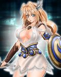  1041_(toshikazu) 1girl blonde_hair blue_eyes breasts earrings hair_ornament jewelry long_hair looking_at_viewer see-through shield solo sophitia_alexandra soul_calibur soulcalibur_iv standing sword weapon 