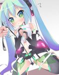  aqua_hair blush bridal_gauntlets center_opening green_eyes hatsune_miku hatsune_miku_(append) highres kneeling long_hair navel solo_focus thighhighs torinannkotsukushi twintails vocaloid vocaloid_append 