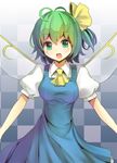  ascot blue_dress bow breasts checkered checkered_background culter daiyousei dress dress_shirt fairy_wings green_eyes green_hair hair_bow hair_ribbon large_breasts looking_at_viewer open_mouth puffy_sleeves ribbon shirt short_hair short_sleeves side_ponytail smile solo touhou wings 