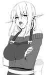  bare_shoulders breasts crossed_arms elf greyscale large_breasts monochrome nyamota open_mouth original pointy_ears solo 
