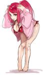  bad_id bad_pixiv_id barefoot bent_over bikini blazblue breasts cleavage hair_tubes hood hoodie hyakuhachi_(over3) izayoi_(blazblue) large_breasts long_hair open_clothes open_hoodie ponytail red_eyes red_hair side-tie_bikini solo swimsuit 
