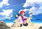  aano_(10bit) back-to-back barefoot beach blue_eyes blue_hair chypre_(heartcatch_precure!) coffret_(heartcatch_precure!) coupe day feet hanasaki_tsubomi heartcatch_precure! hood hoodie kurumi_erika long_hair multiple_girls navel ocean open_clothes open_hoodie precure red_eyes red_hair short_hair shorts sitting twintails 