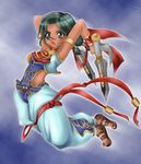  1041_(toshikazu) 1girl armlet arms_up dual_wielding green_eyes green_hair looking_at_viewer open_mouth solo soul_calibur soulcalibur_iii talim tan tonfa weapon 