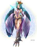  ars_goetia bad_id bad_pixiv_id blue_hair blush breasts brooch brown_eyes crown facial_mark feathered_wings feathers harpy jewelry long_hair looking_at_viewer magic_circle medium_breasts monster_girl original sideboob solo sud_(sudea) tattoo translated wings 