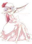  alternate_costume atoki bare_arms bare_shoulders barefoot bat_wings blue_hair chair dress hat hat_ribbon highres looking_at_viewer mob_cap pink_eyes remilia_scarlet ribbon sitting sketch sleeveless sleeveless_dress solo touhou translation_request white_dress wings wrist_cuffs 