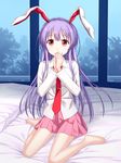  animal_ears barefoot bunny_ears covering_mouth highres indoors long_hair long_sleeves looking_at_viewer necktie on_bed pillow pink_eyes purple_hair red_neckwear reisen_udongein_inaba shirt sitting skirt solo touhou tucana very_long_hair wariza window 
