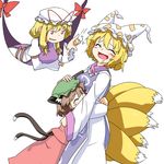  ^_^ animal_ears blonde_hair blush brown_hair cat_ears cat_tail chen closed_eyes drooling flick fox_tail gap hat hat_ribbon hihachi hug long_hair multiple_girls multiple_tails open_mouth red_eyes ribbon short_hair simple_background smile tail touhou white_background yakumo_ran yakumo_yukari 