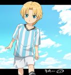  aoto_gonzales_takuma aqua_eyes blonde_hair character_name cloud day ginga_e_kickoff!! letterboxed male_focus mizuhara_aki outside_border sky soccer_uniform solo sportswear 