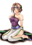  1041_(toshikazu) alternate_costume armlet brown_eyes brown_hair headband looking_at_viewer open_mouth seong_mi-na sitting soul_calibur soulcalibur_iii wariza 