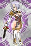  1041_(toshikazu) 1girl breasts character_name chibi cleavage green_eyes hair_over_one_eye isabella_valentine looking_at_viewer lowres purple_hair solo soul_calibur soulcalibur_iii standing sword weapon 