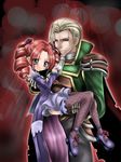  1041_(toshikazu) 1boy 1girl amy_sorel blonde_hair blue_eyes blush cape carrying drill_hair flower garters hair_flower hair_ornament princess_carry raphael_sorel red_eyes red_hair soul_calibur soulcalibur_iii thighhighs twintails 