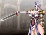  1041_(toshikazu) 1girl breasts cleavage green_eyes isabella_valentine large_breasts looking_at_viewer purple_hair solo soul_calibur soulcalibur_iii standing sword weapon 