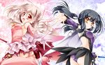  black_hair boots checkered checkered_background fate/kaleid_liner_prisma_illya fate_(series) feathers gloves hair_ornament hairclip highres holding holding_wand illyasviel_von_einzbern kaleidostick kamiya_tomoe long_hair magical_girl magical_ruby magical_sapphire miyu_edelfelt open_mouth panties pink_footwear pink_legwear polka_dot polka_dot_panties ponytail prisma_illya purple_panties red_eyes silver_hair smile solo star thigh_boots thighhighs underwear wand yellow_eyes 