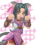  1041_(toshikazu) 1girl animal_ears bow brown_eyes cat_ears cat_pose fang green_hair hair_bow looking_at_viewer paw_pose solo soul_calibur soulcalibur_ii standing tail talim 