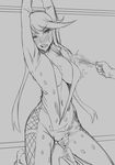  1girl arms_up bdsm blush bodysuit bondage bound breasts brush center_opening feathers full-face_blush greyscale hetero highres kasuga_(sengoku_basara) large_breasts long_hair maydrawfag monochrome navel no_bra sengoku_basara sketch solo_focus sweatdrop torture twintails wince 