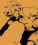  character_name clenched_teeth genda_koujirou gloves goalkeeper inazuma_eleven inazuma_eleven_(series) male_focus mizuhara_aki monochrome simple_background soccer_uniform solo sportswear spot_color teeth teikoku 