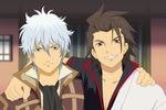  alvin_(tales) alvin_(tales)_(cosplay) bad_id bad_pixiv_id brown_eyes brown_hair cosplay costume_switch cravat gintama grin halto hand_on_shoulder jacket male_focus multiple_boys sakata_gintoki sakata_gintoki_(cosplay) seiyuu_connection smile sugita_tomokazu tales_of_(series) tales_of_xillia white_hair 