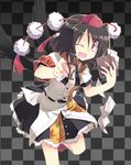  :d armband black_hair checkered checkered_background fountain_pen hat leaf-pattern_stripe looking_at_viewer notebook one_eye_closed open_mouth pen photo_(object) red_eyes satou_kibi shameimaru_aya short_hair skirt smile solo tokin_hat touhou wings 