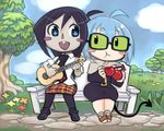  2girls :t acoustic_guitar ahoge bench blue_eyes blue_hair blush_stickers buck_teeth cherry chibi day demon_mages demon_tail doubutsu_no_mori eating eye_contact field flower food fruit glasses grass green_eyes grey_skin guitar instrument jason_robinson looking_at_another multiple_girls music necktie open_mouth outdoors pantyhose park_bench parody path plant playing_instrument purple_hair road short_hair sitting skirt smile style_parody tail tara_olphoros tess_tesryon tree wide_hips 